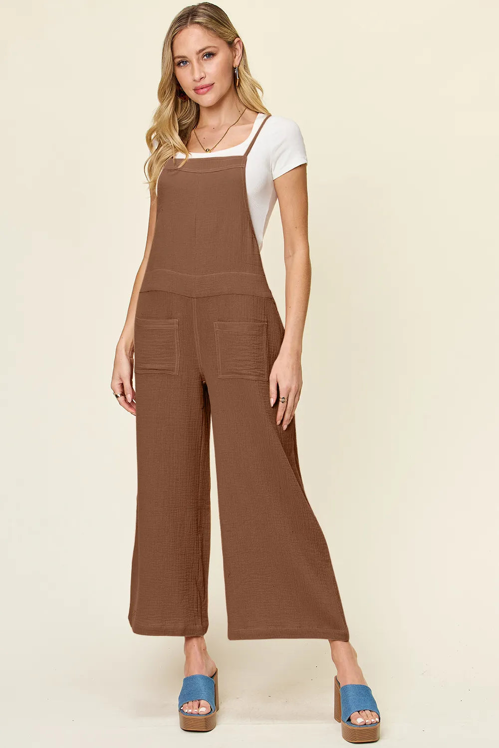Back view of the wide leg overall