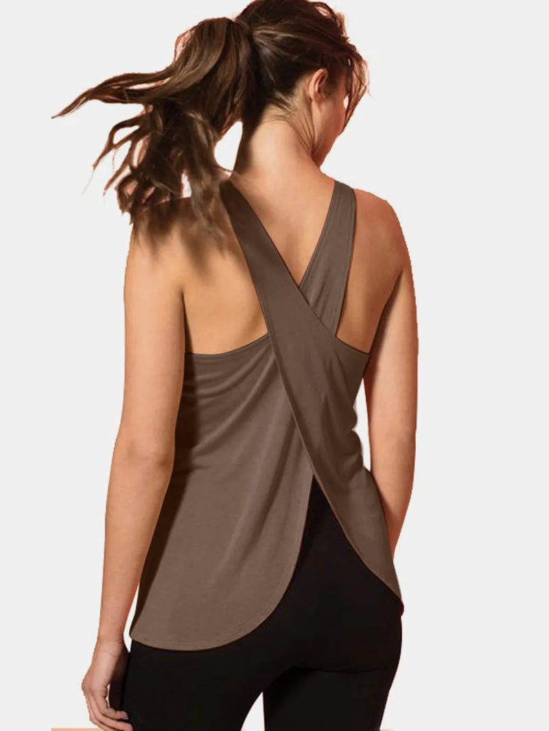 Crisscross scoop neck active tank front view in mocha