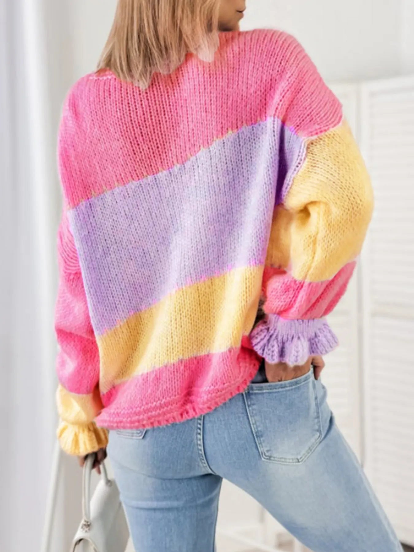 Color Block V-Neck Cardigan - Fashorio