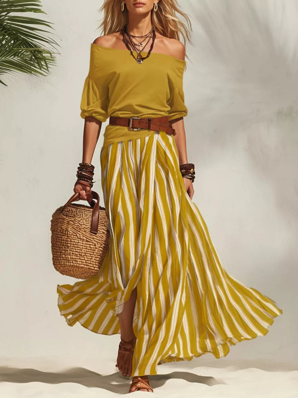 Off Shoulder Top and Striped Maxi Skirt Set, view 12