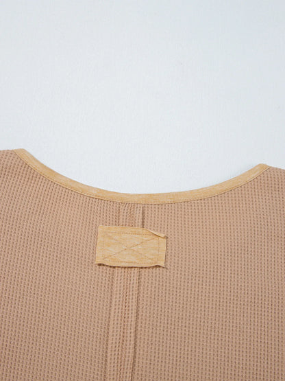 Waffle Textured Tunic Henley Top with Slits - Fashorio