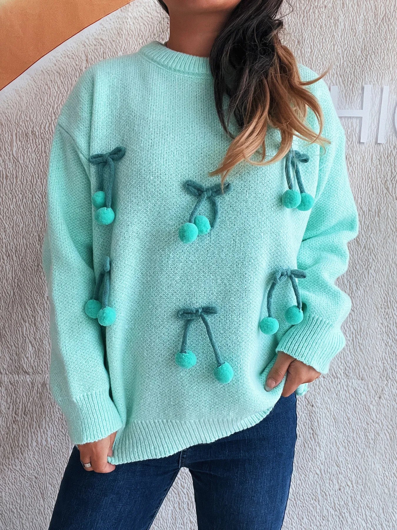 Cherry Round Neck Long Sleeve Sweater - Fashorio