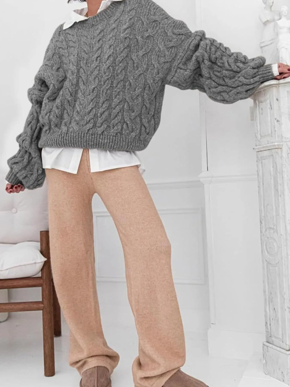 cable knit long sleeve sweater neckline detail