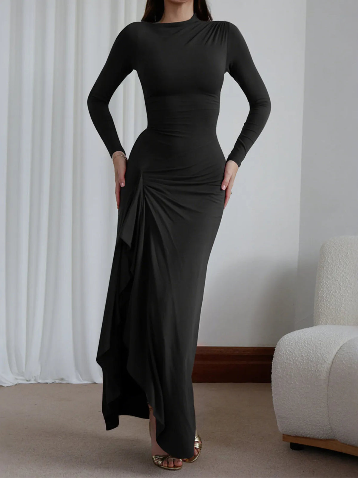 ruched long sleeve maxi dress full length view