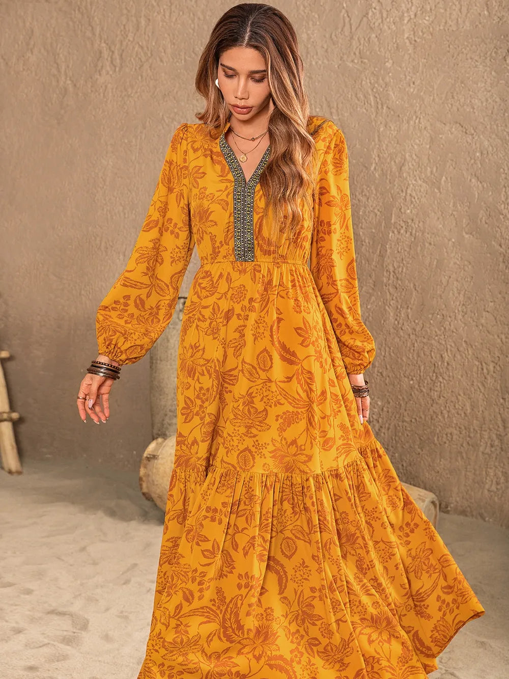 Printed notched balloon sleeve maxi dress in mustard styled view