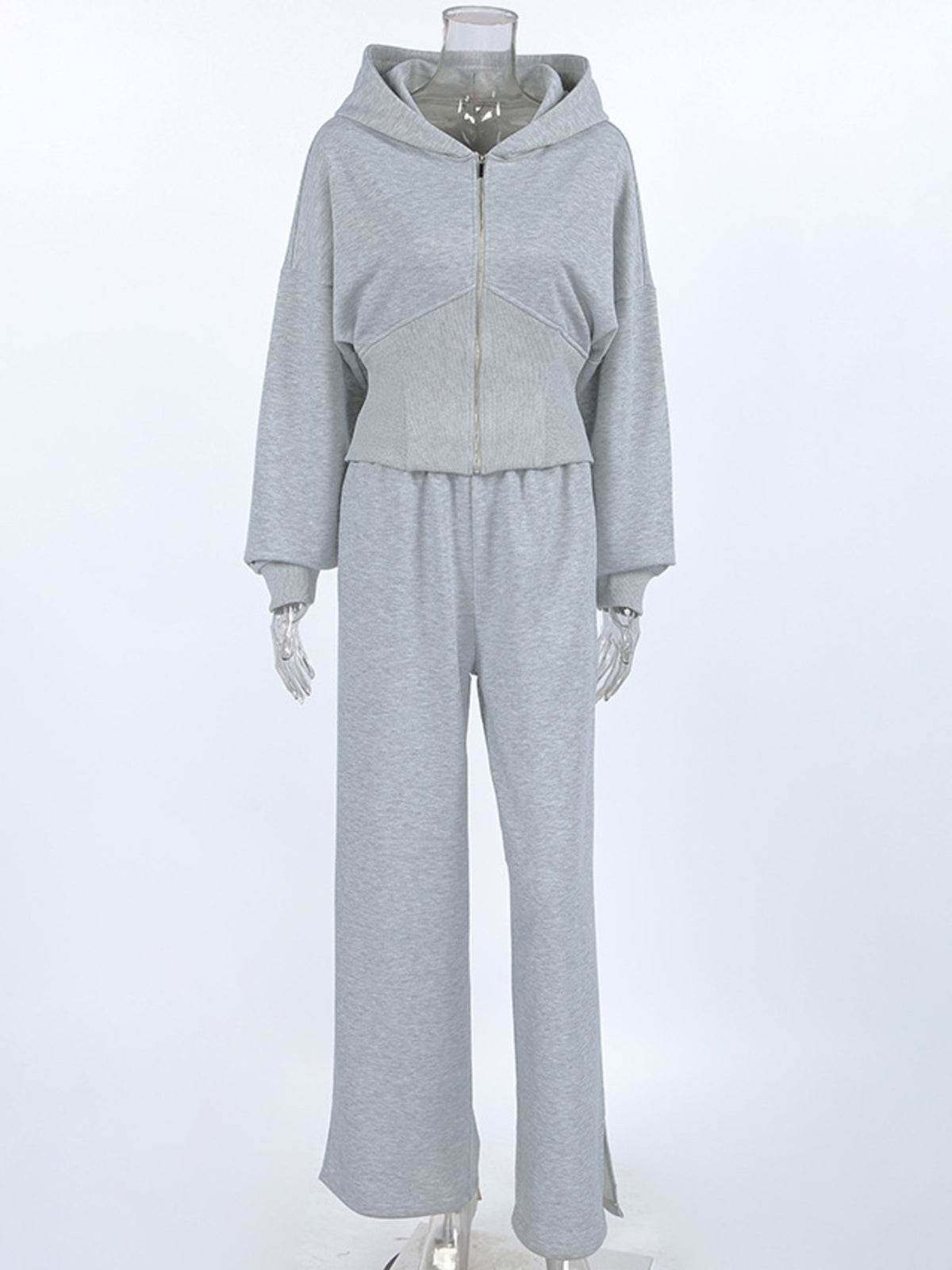 Matching zip up hoodie and wide leg pants set back view