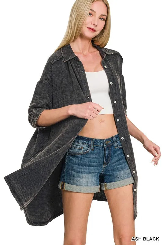 Washed Double Gauze Button Down Shirt Dress in Ash Black side view