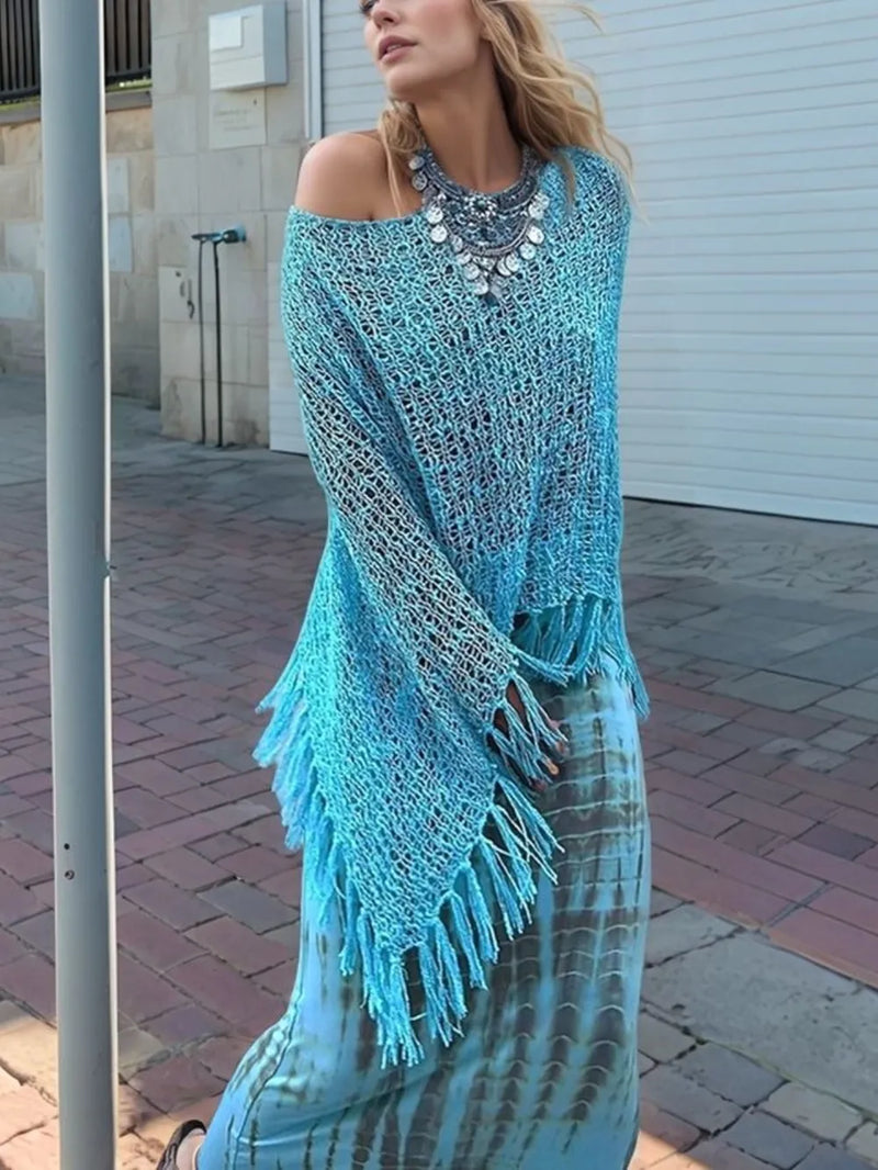 Tassel boat neck knit shawl front view