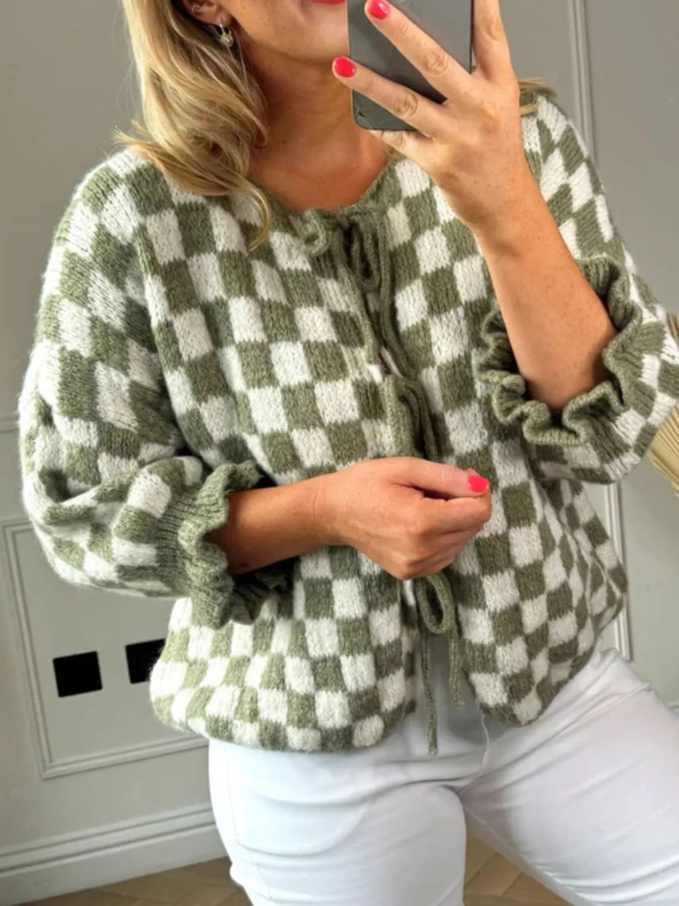 Checkered Tie-Front Knit Cardigan Matcha Color - Fashorio