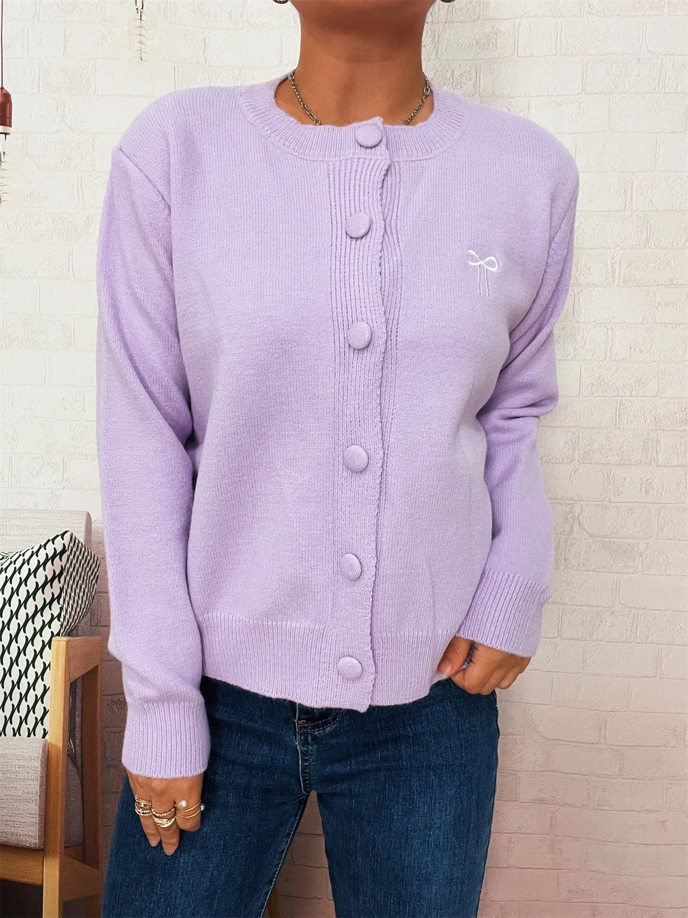 Button-Up Long Sleeve Cardigan Purple One Size - Fashorio