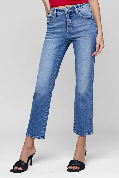 RISEN Full Size Tummy Control High Rise Crop Straight Jeans Plus Size - Fashorio