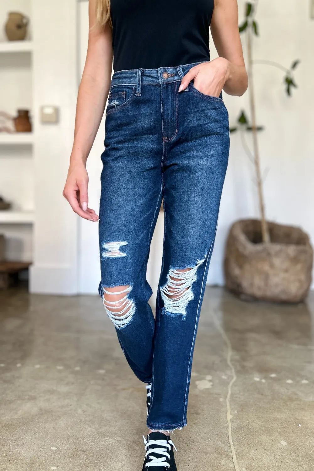 Judy Blue Full Size High Waist Rigid Magic Heavy Destroy Straight Jeans Dark - Fashorio