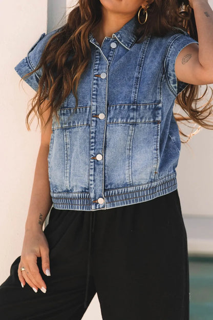 Button Up Cap Sleeve Denim Jacket - Fashorio