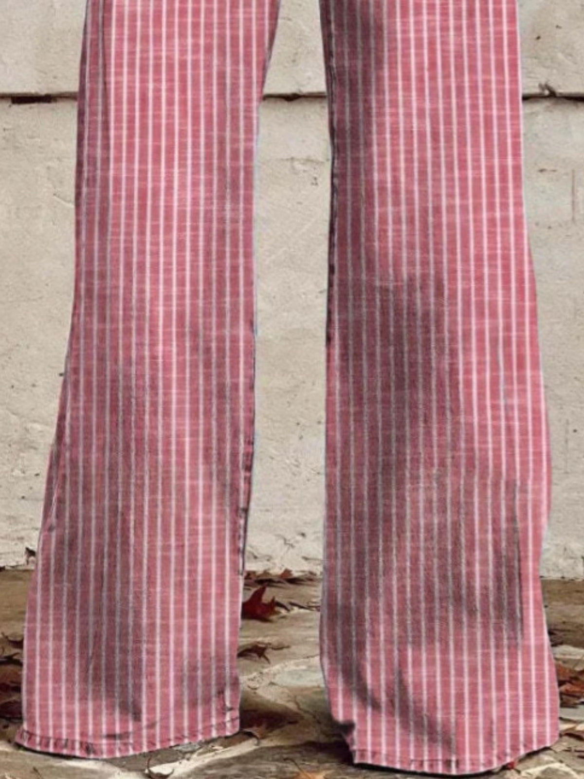 Back view of striped wide leg jeans