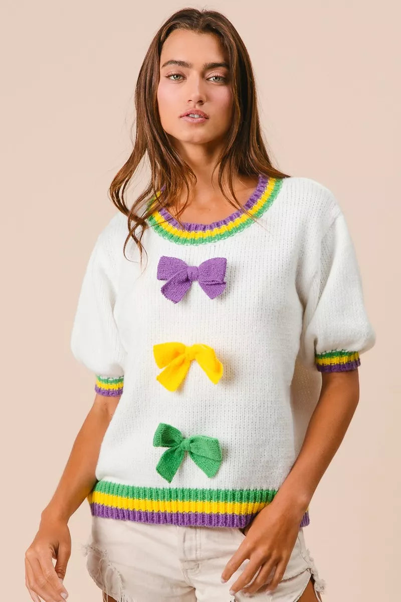 Puff Sleeve Ribbon Bow Sweater in Ivory view 12