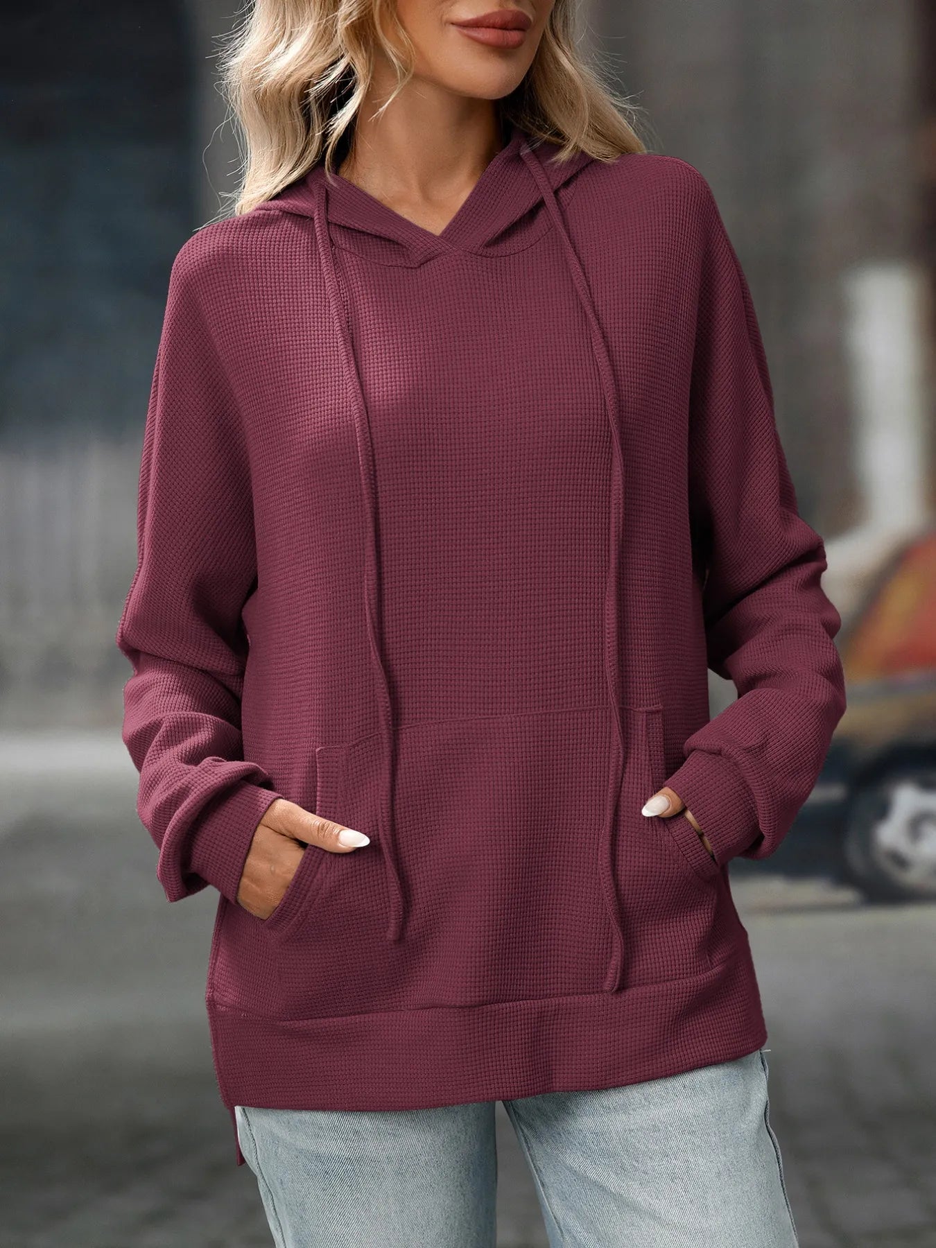 Textured Drawstring Long Sleeve Hoodie - Fashorio