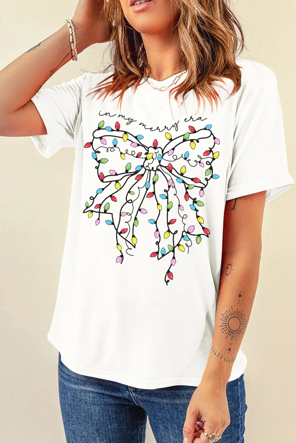 Bow detail round neck short sleeve top front view