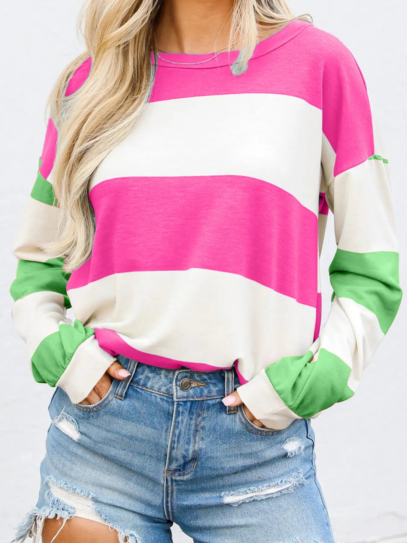 Color Block Drop Shoulder Long Sleeve Top Fuchsia Pink - Fashorio