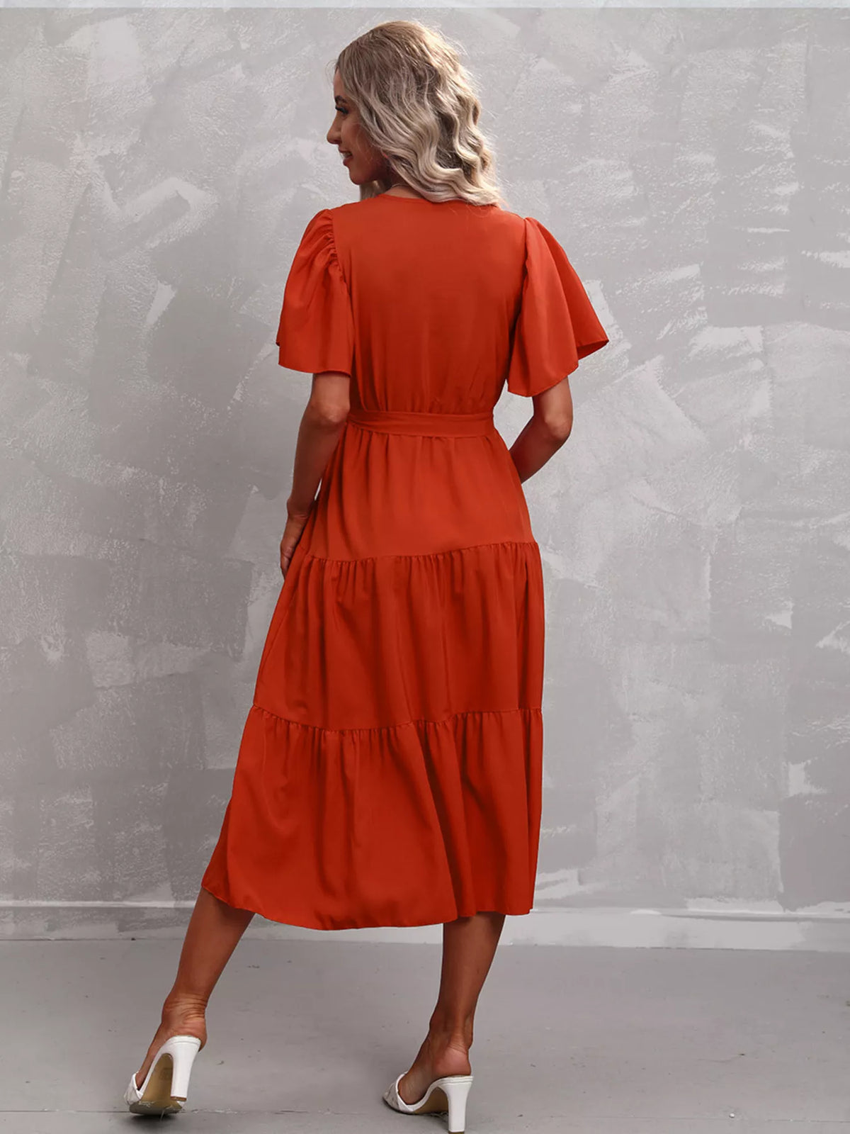 Flutter sleeve tiered midi dress side view