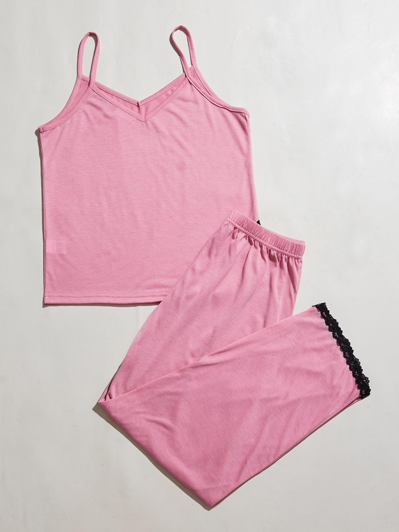 V-Neck Lace Trim Slit Cami and Pants Pajama Set Pink - Fashorio