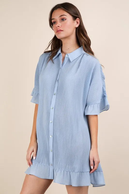 Pleated Button Down Mini Dress in Sky Blue side view