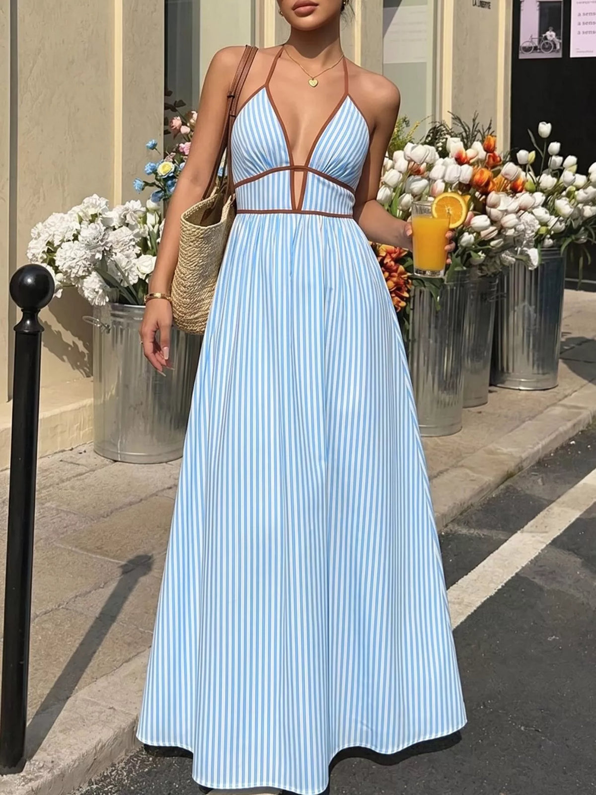 Blue striped halter neck maxi dress front view