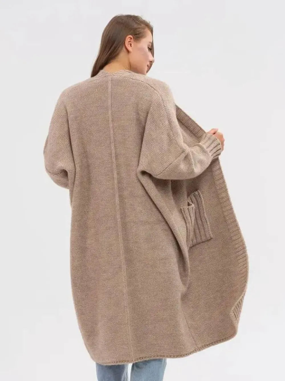 Pocketed Open Front Long Sleeve Longline Cardigan - Fashorio