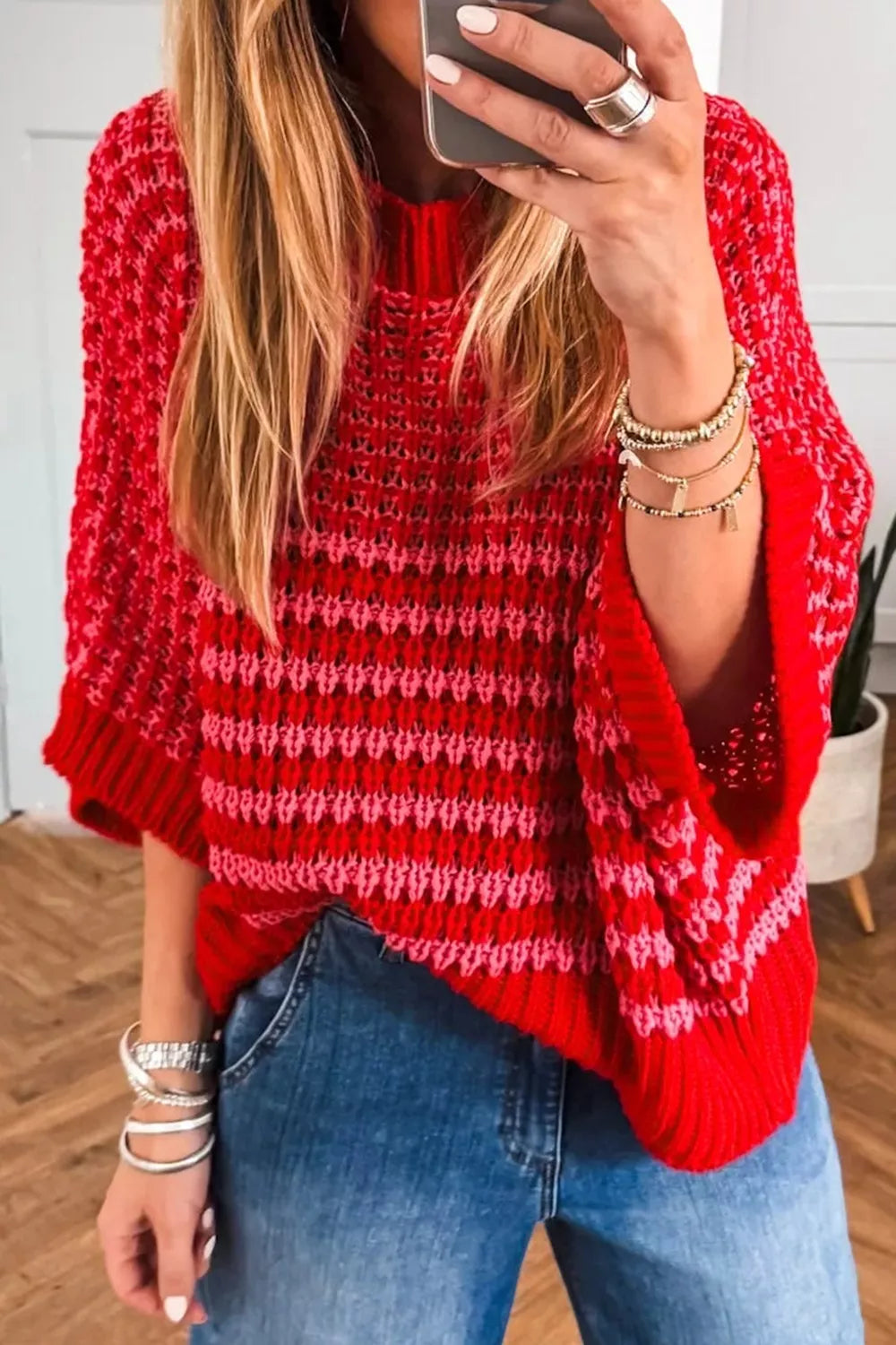 Wavy stripe crochet ruffle half sleeve sweater front view