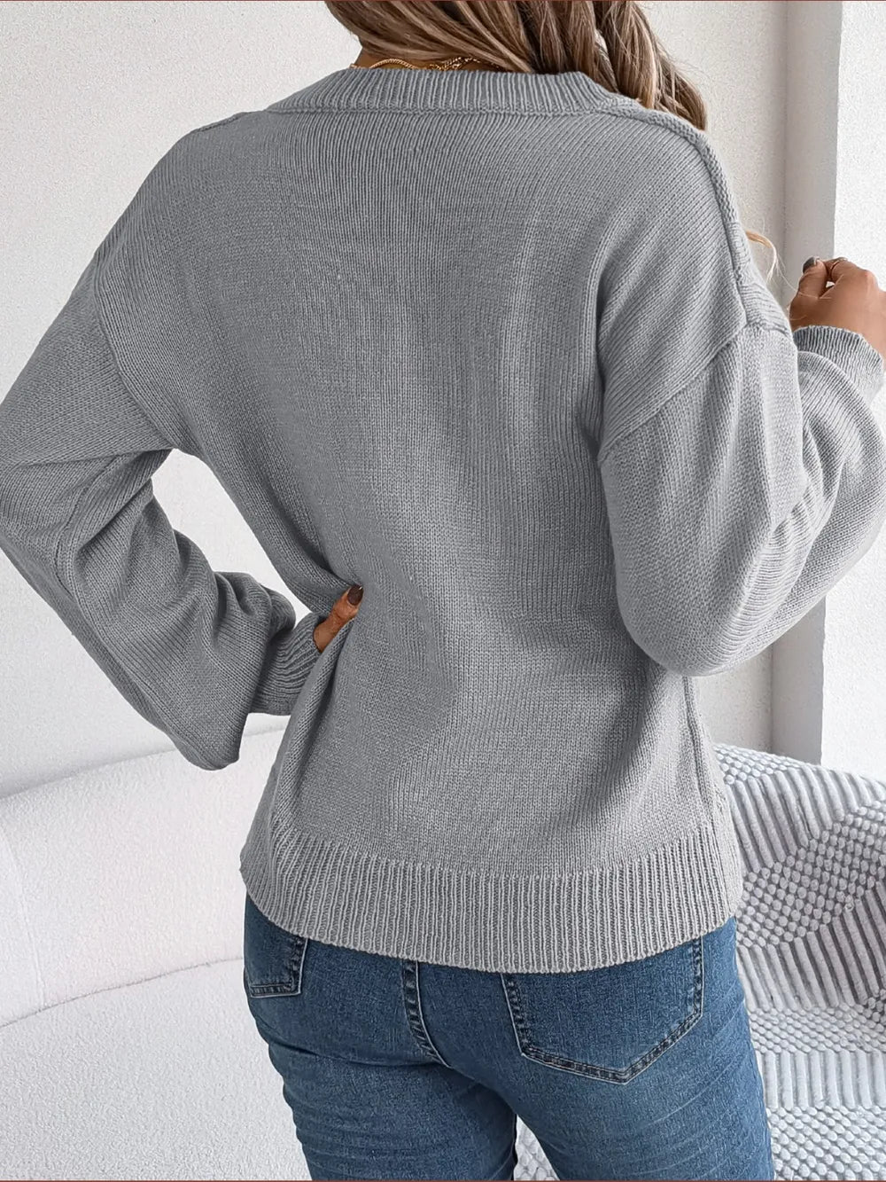Cable-Knit Buttoned V-Neck Sweater - Fashorio