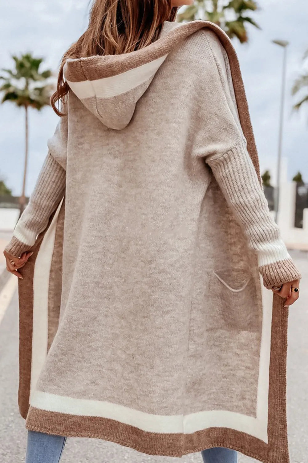 Pocketed Contrast Long Sleeve Hooded Cardigan - Fashorio
