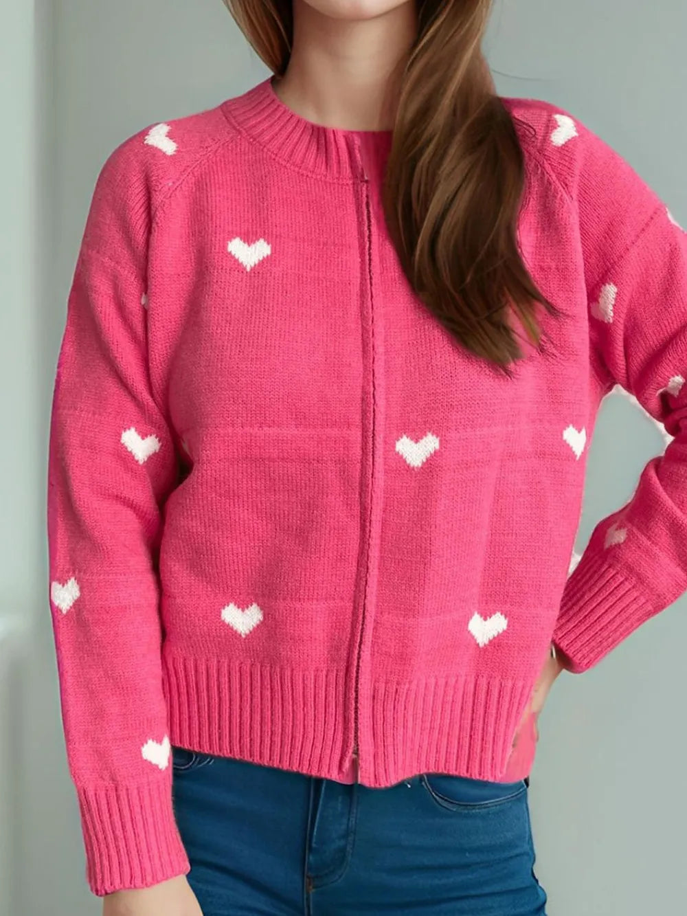Heart Round Neck Zip Up Cardigan - Fashorio