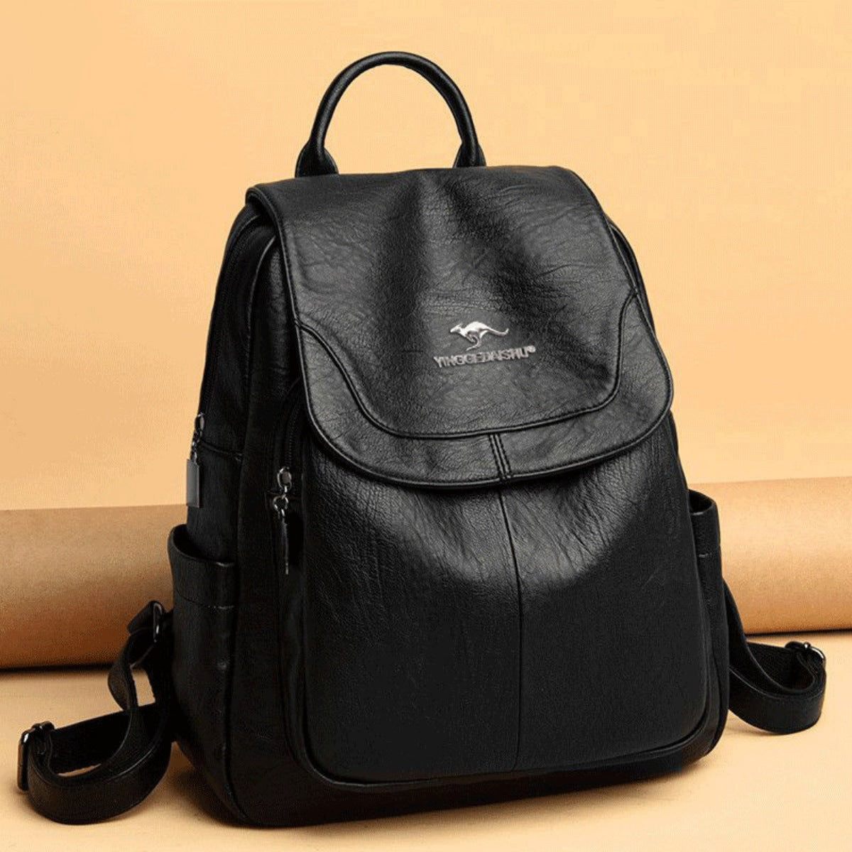 Black adjustable straps leather backpack front view
