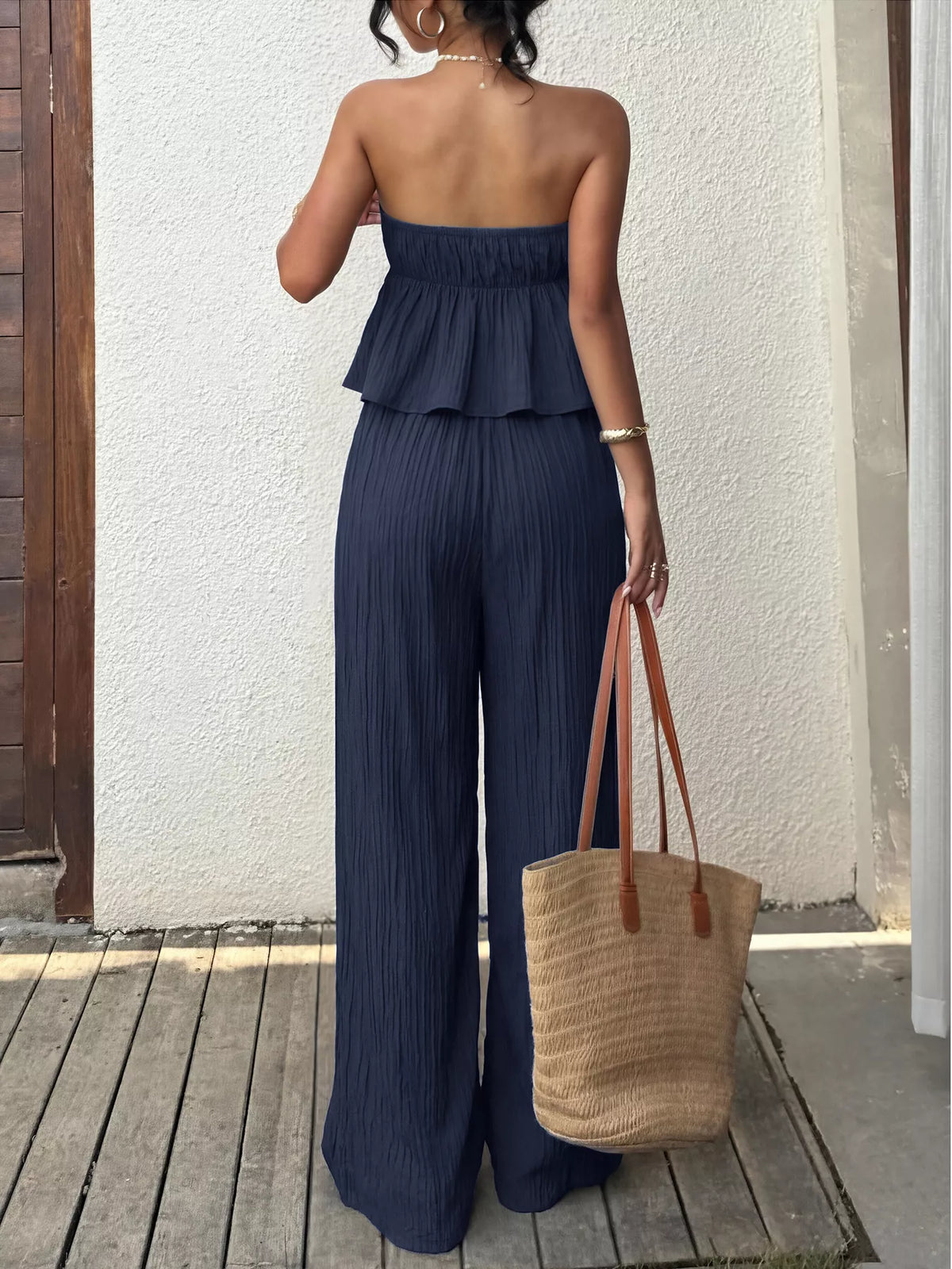 Textured Tube Top and Wide Leg Pants Set, view 7
