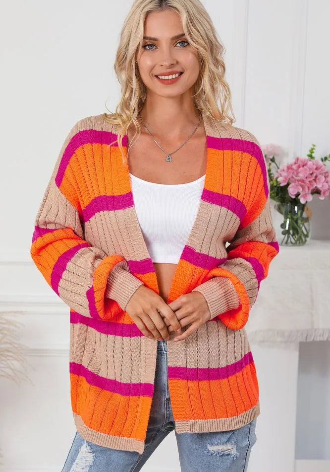 Contrast Striped Drop Shoulder Open Front Cardigan - Fashorio