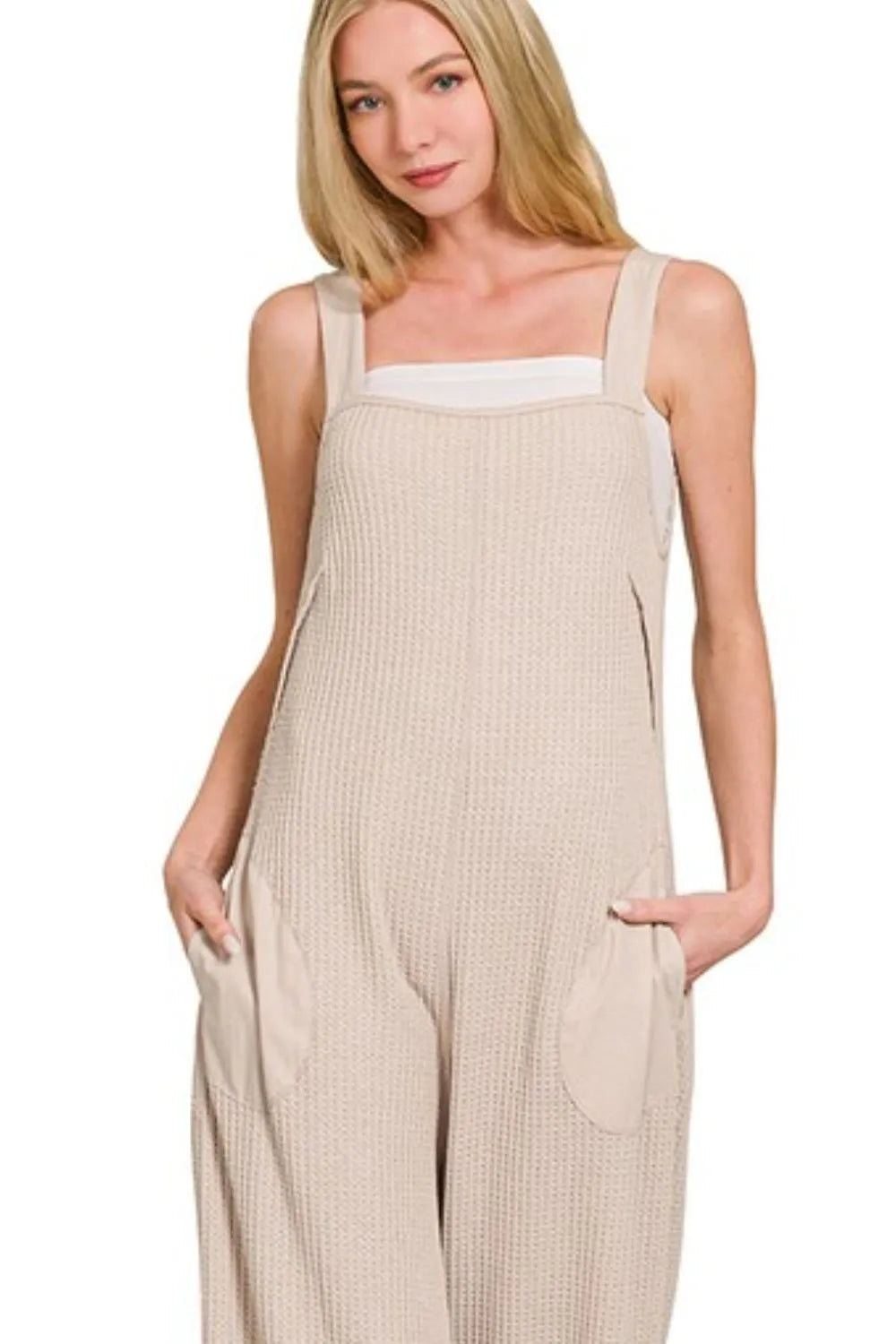 Knit Waffle Wide Leg Overalls side view