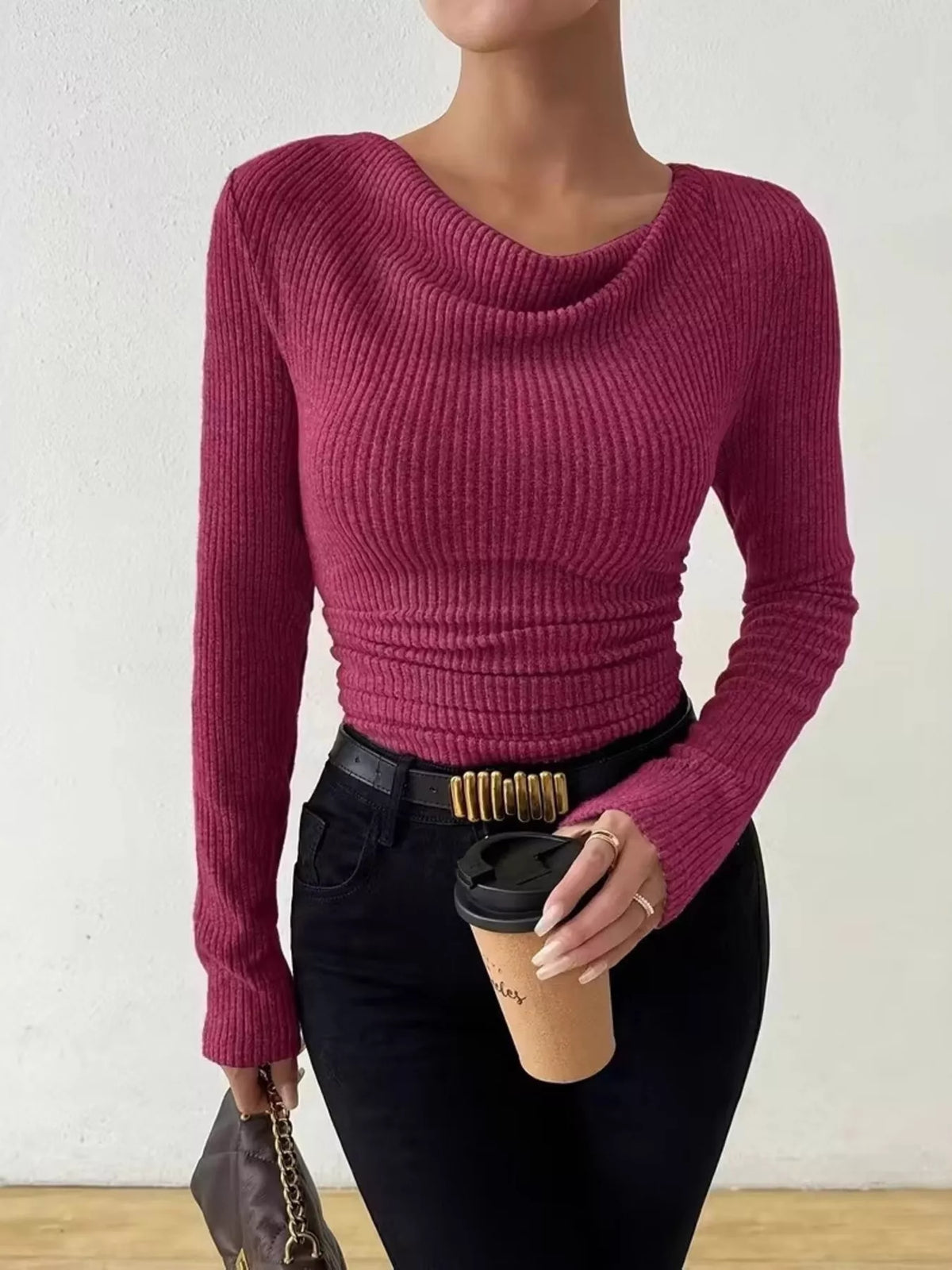 Cowl neck ribbed sweater side view