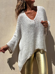 Contrast V-Neck Long Sleeve Sweater - Fashorio