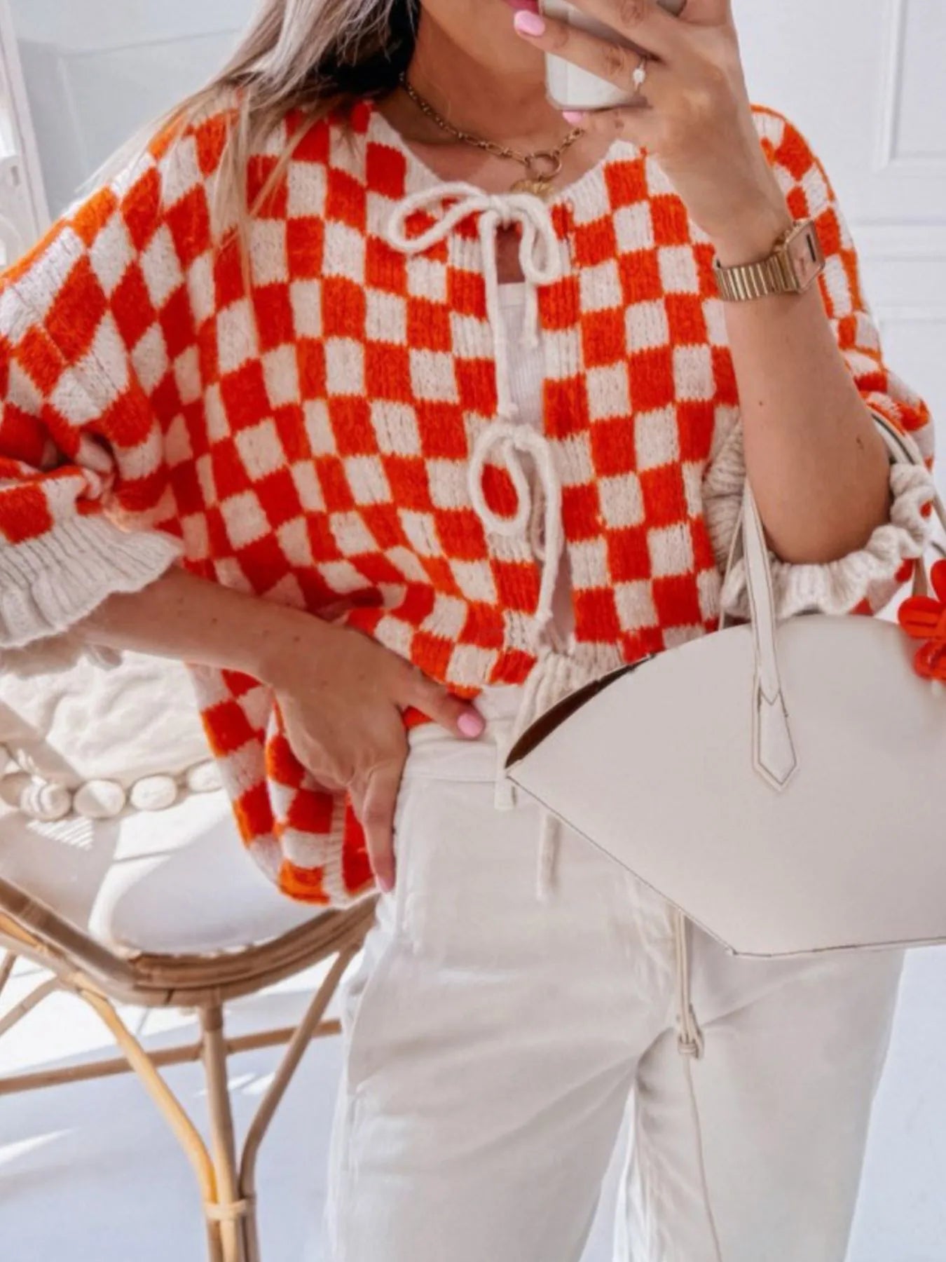 Checkered Tie-Front Knit Cardigan - Fashorio