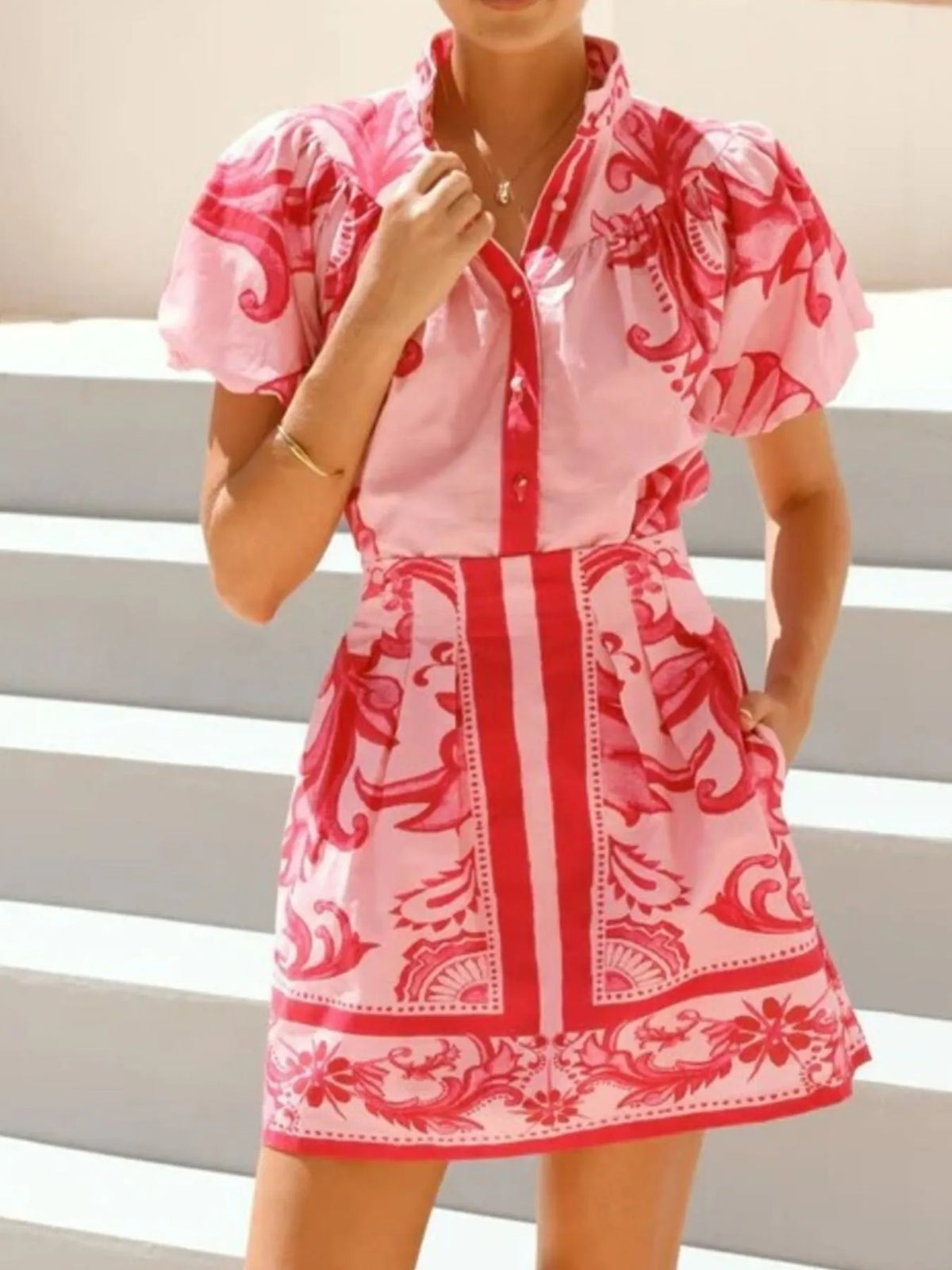 Printed Puff Sleeve Top and Skirt Set, view 14