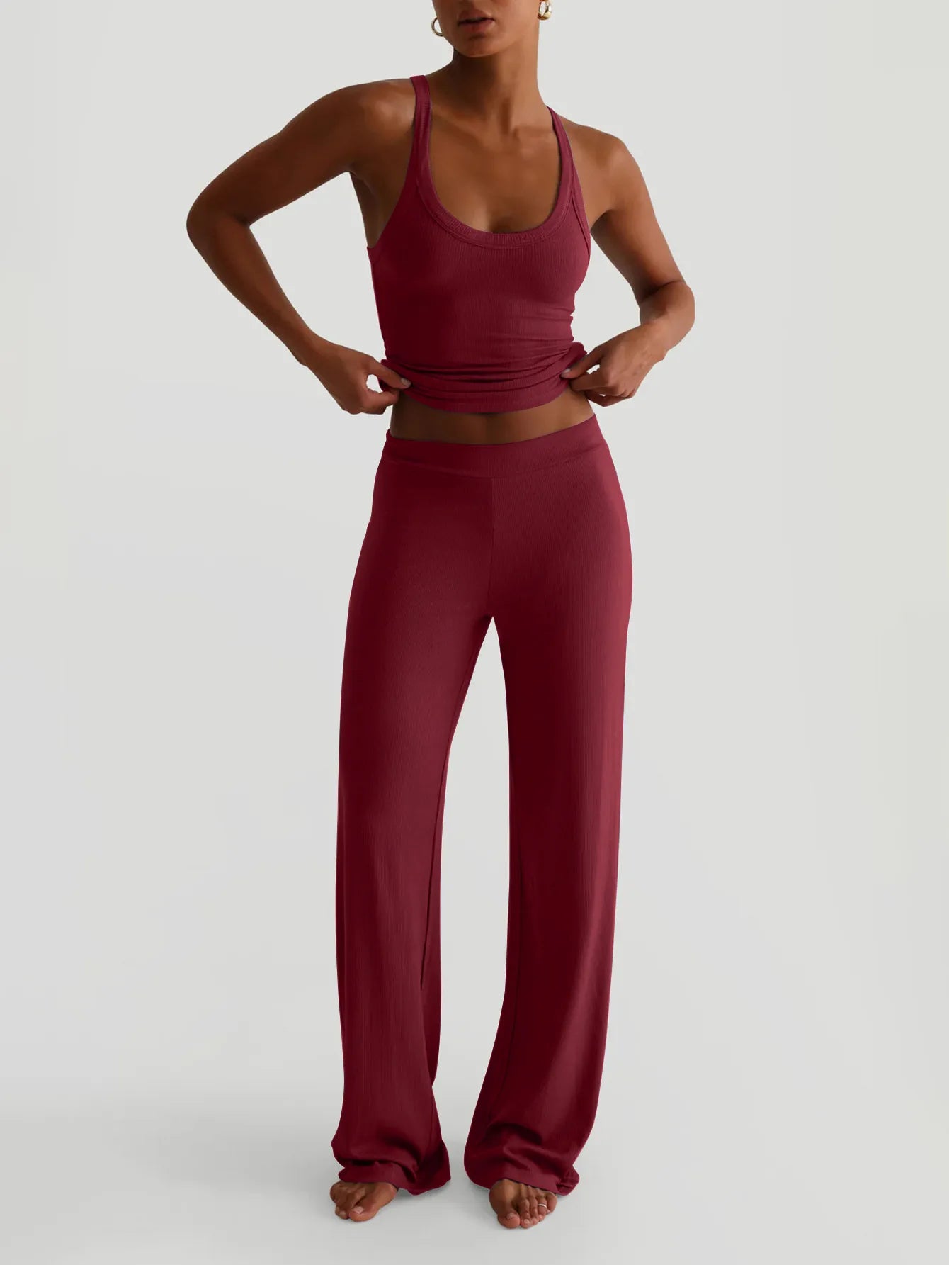 Scoop Neck Tank and Pants Set Burgundy - Fashorio
