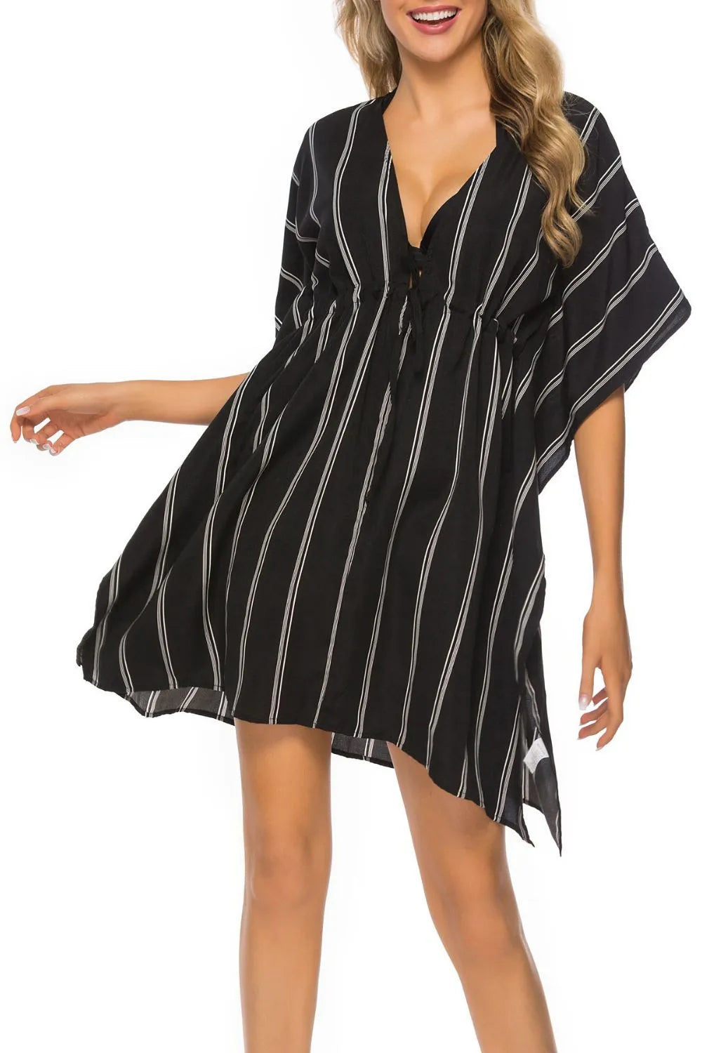 Drawstring Striped V-Neck Cover-Up Black - Fashorio