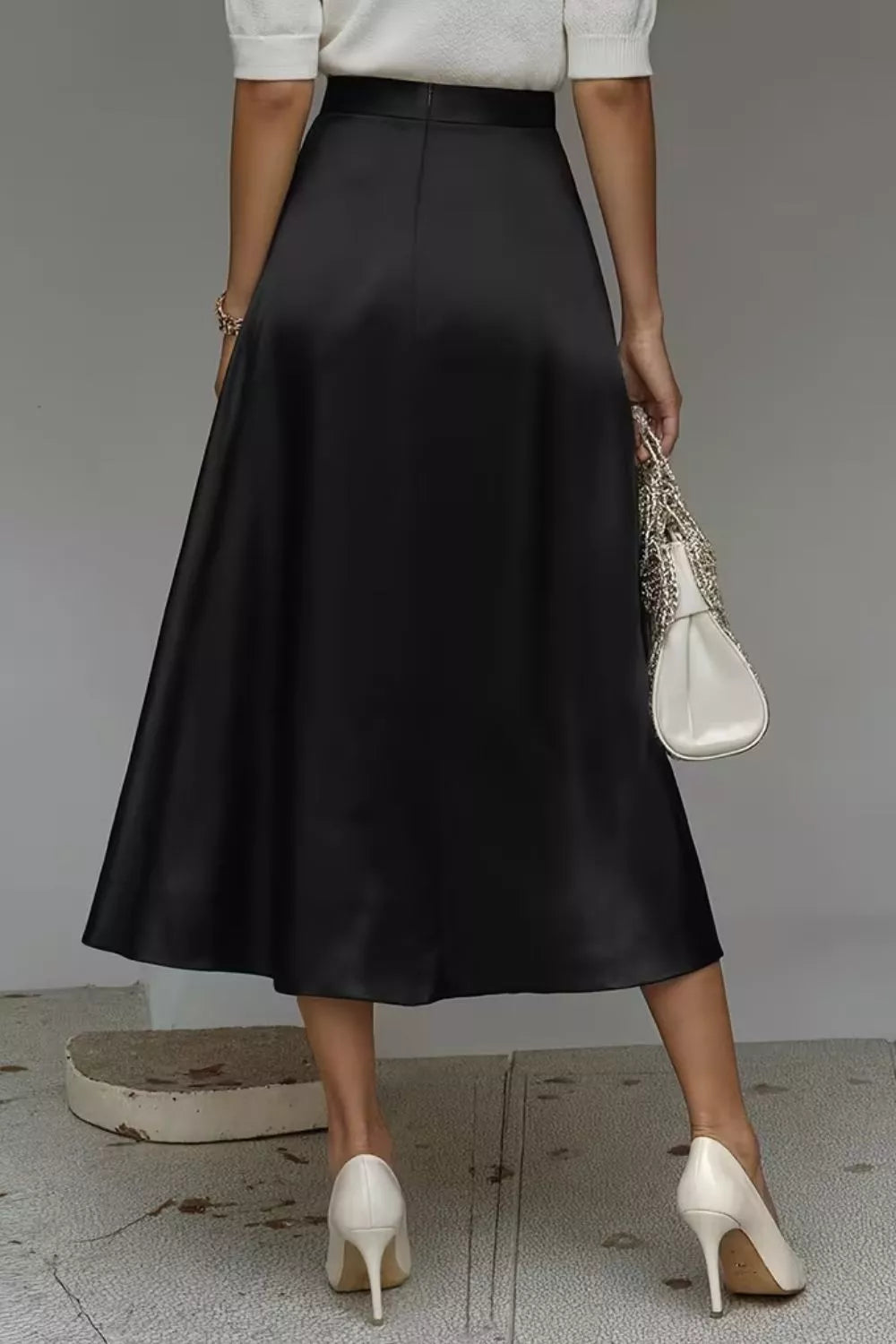 Satin A line midi skirt close up detail