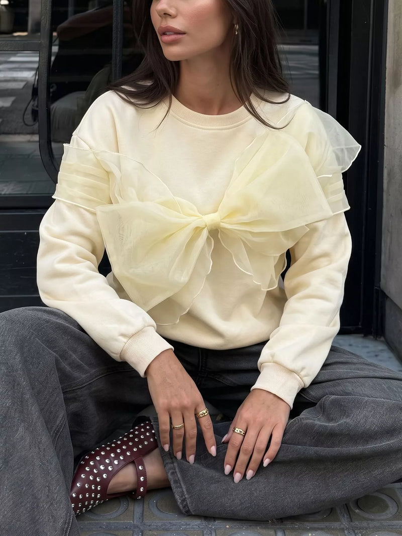 Perfee bow round neck sweatshirt in orange red front view