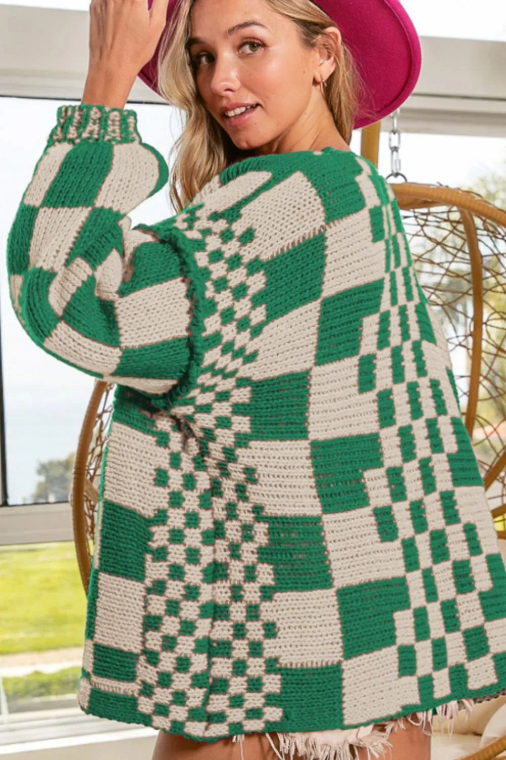 Checkered Open Front Long Sleeve Cardigan - Fashorio