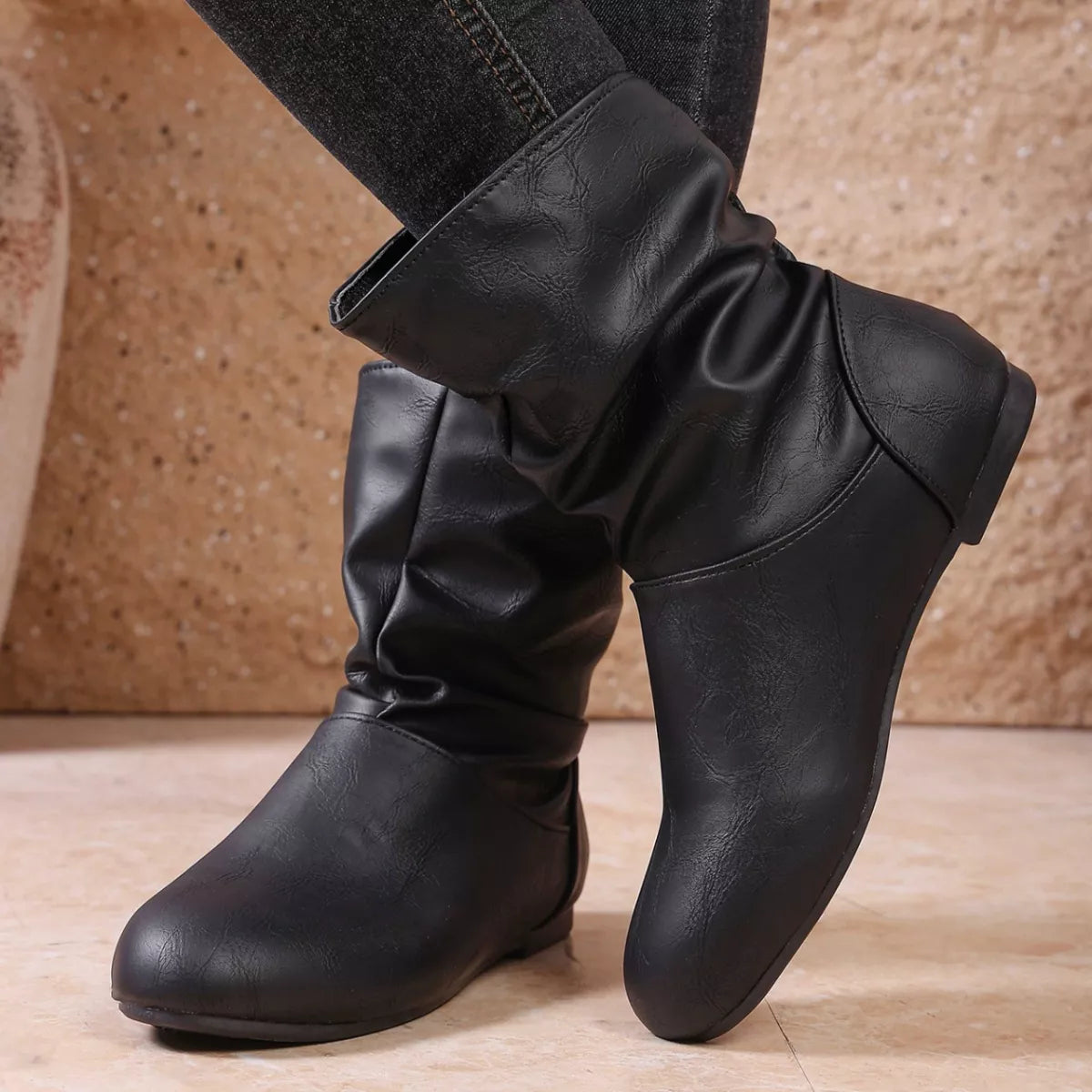 Flat Ankle Boots with Wrinkled Design heel detail