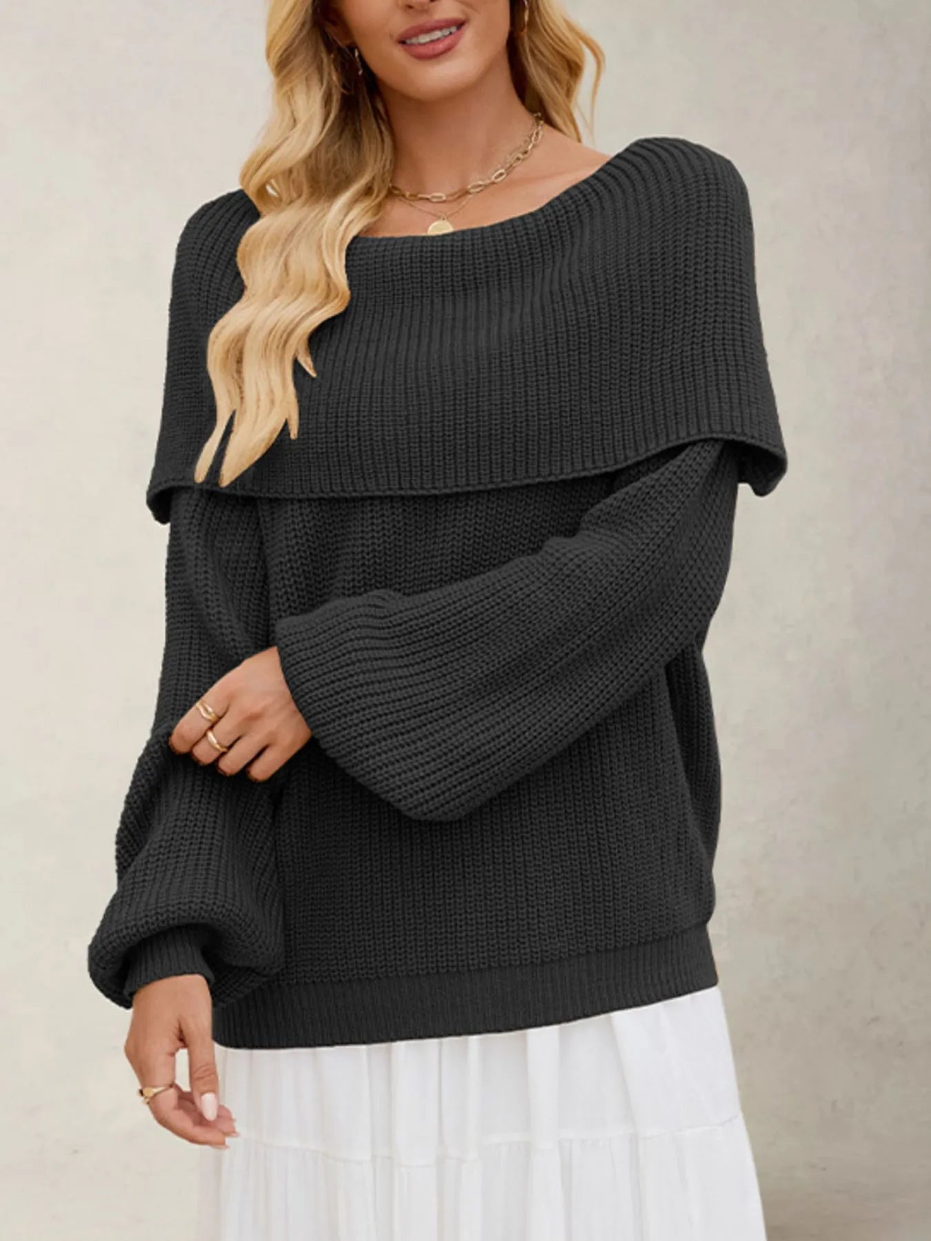 Fold-Over Collar Long Sleeve Sweater - Fashorio