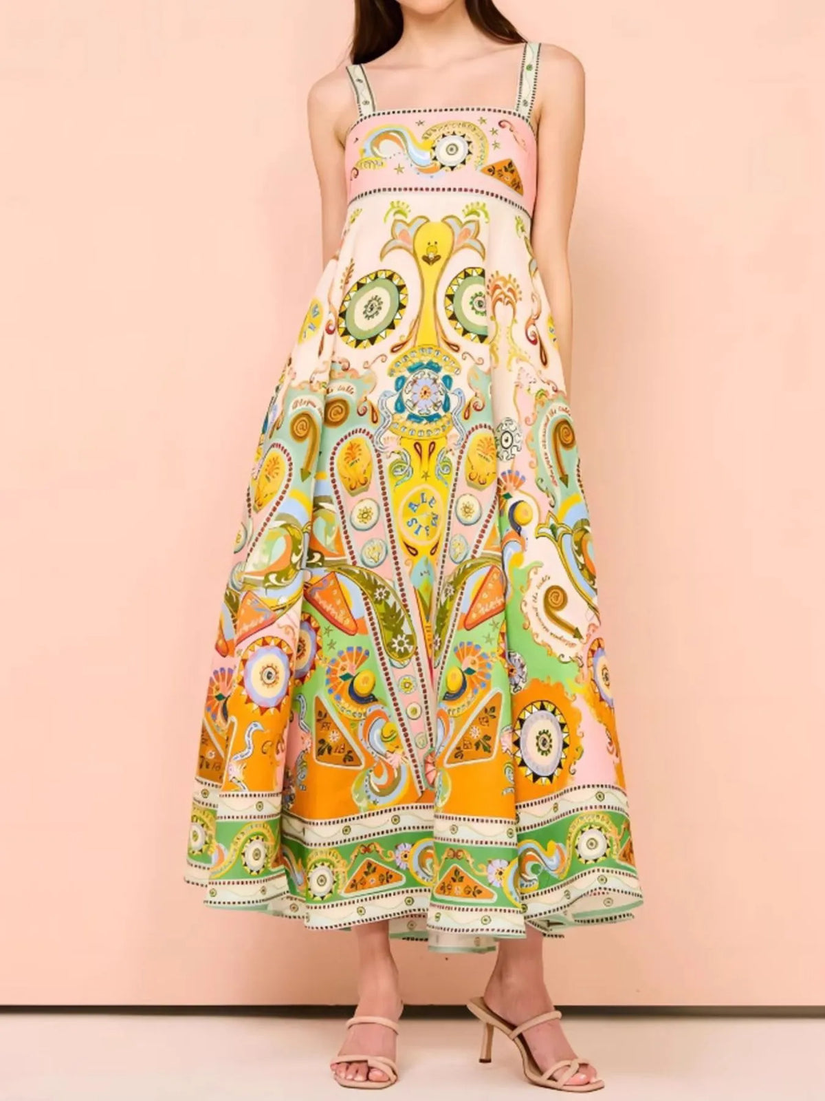 Paisley print dress smocked bodice detail