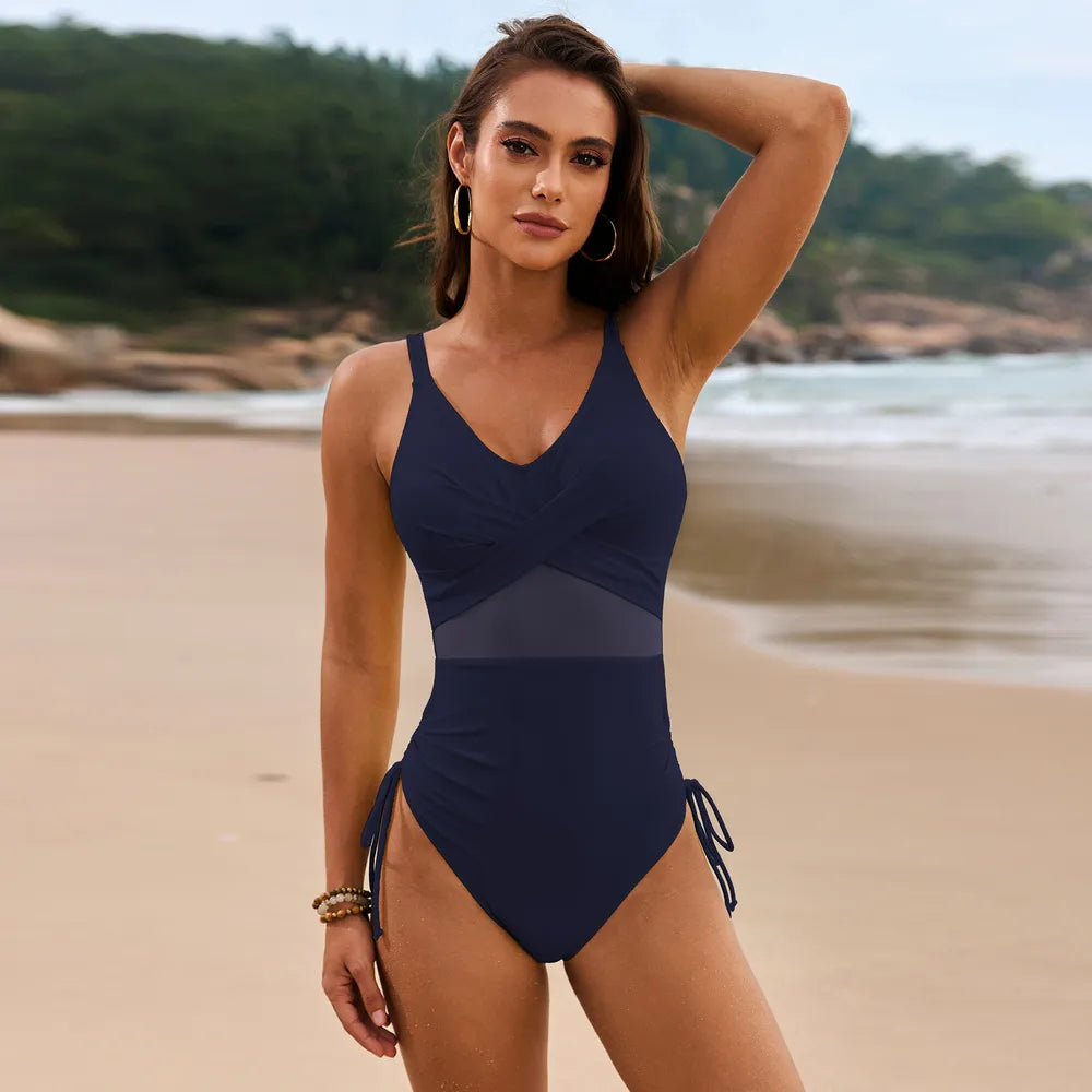 Drawstring Ruched V-Neck One-Piece Swimwear Dark Navy - Fashorio