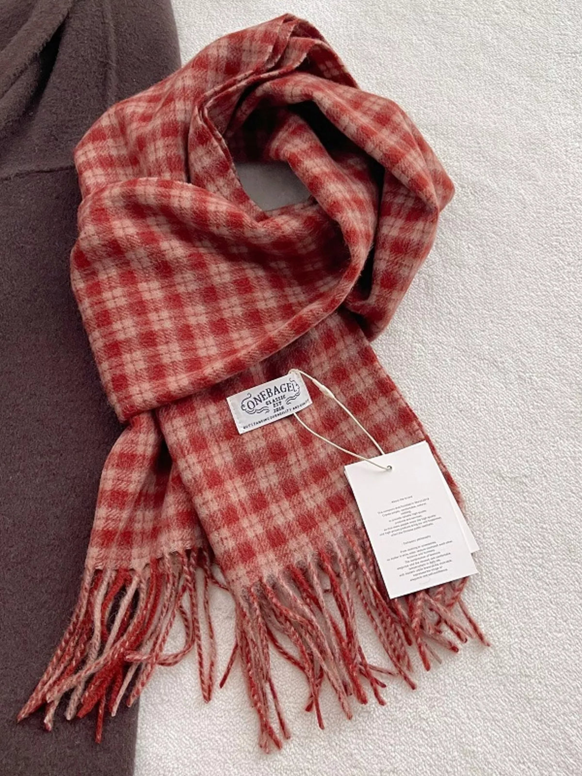 Wool plaid scarf shown at full length