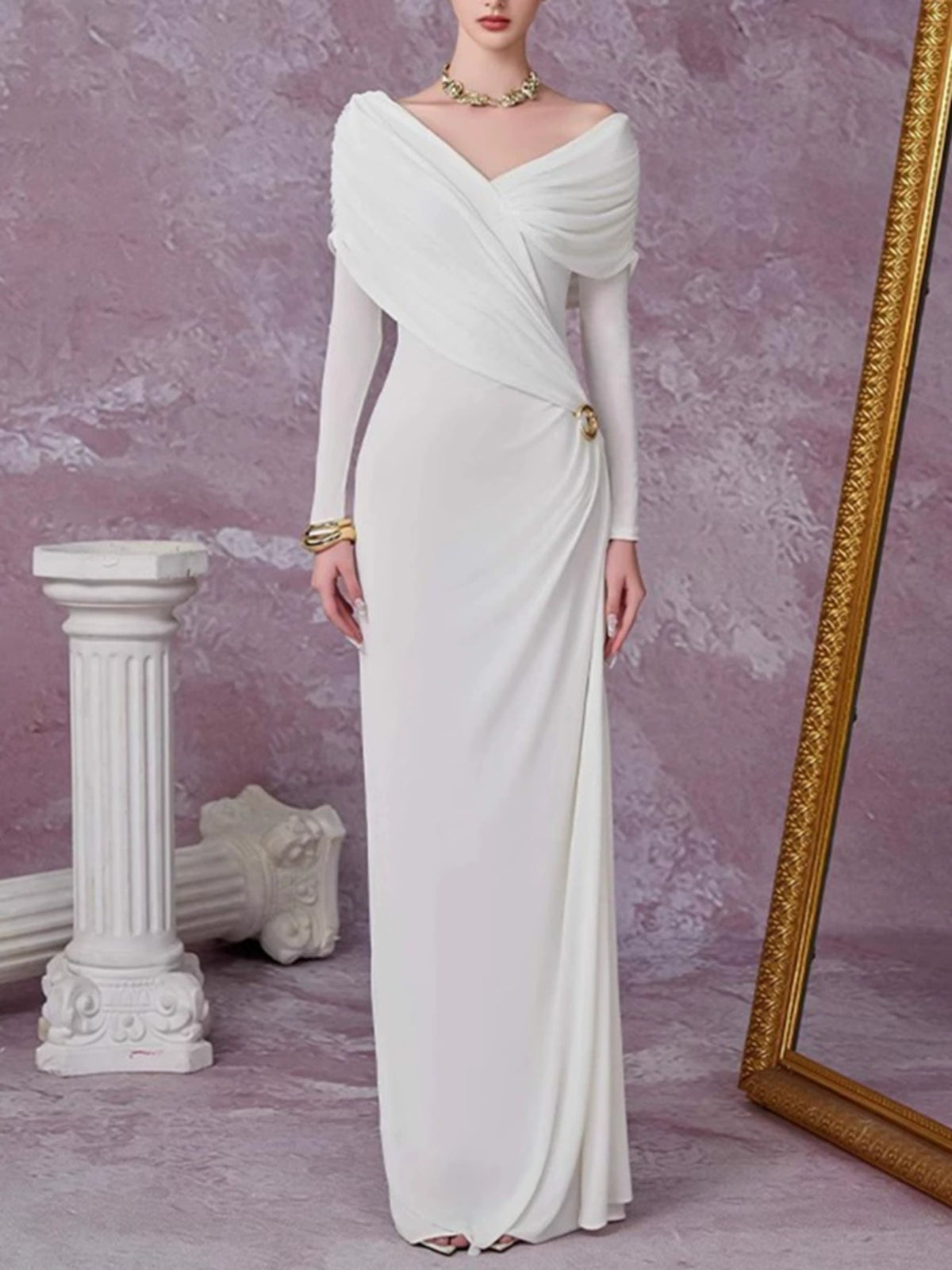 ruched draped long sleeve maxi dress back view